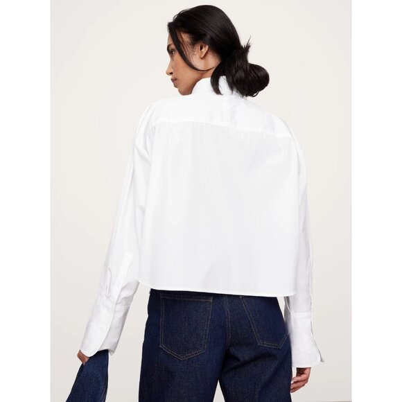 BANANA REPUBLIC White Cotton Poplin Cropped Button Down Skimmer Shirt, Size XS - Picture 3 of 14